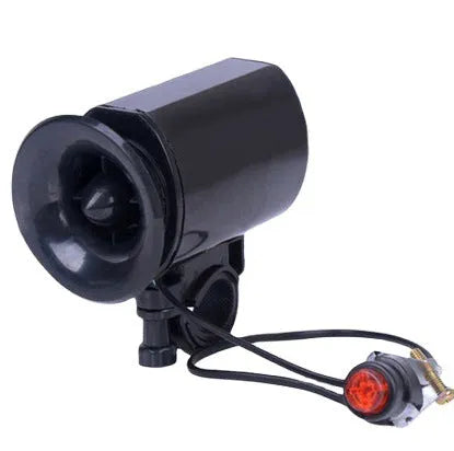 Black plastic bicycle electronic horn with push button on handlebar mount