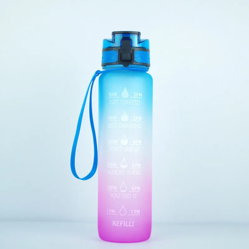 Clear plastic 1000ml sports water bottle with coloured lid and a fruit infuser straw inside.