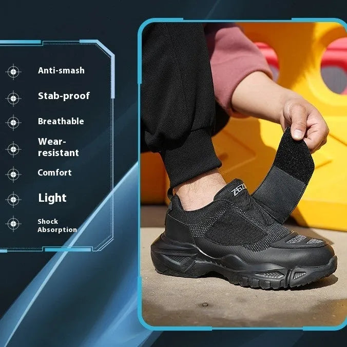 Black steel toe cap safety shoes with mesh fabric upper and felt buckle closure