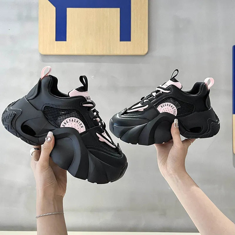 Women's pink casual sneakers with thick sole and cross shoulder strap design