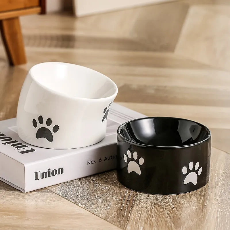 Ceramic cat bowl with high-foot design and cat's paw pattern in choice of colours
