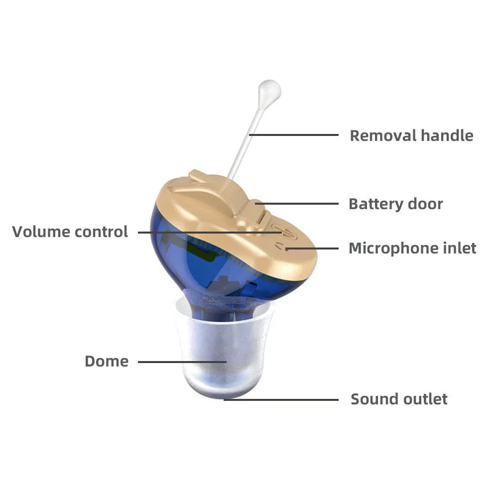 Q10 CIC hearing aid with red and blue colour options, measuring 1.8cm with included earphones and accessories