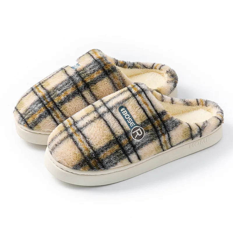Plaid cotton slippers with non-slip PVC sole for indoor home use