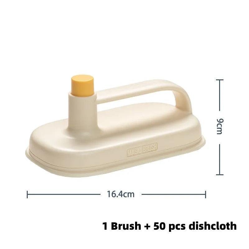Disposable Magic Cleaning Brush with plastic handle, storage box, and 50 white non-woven fabric rag refills.