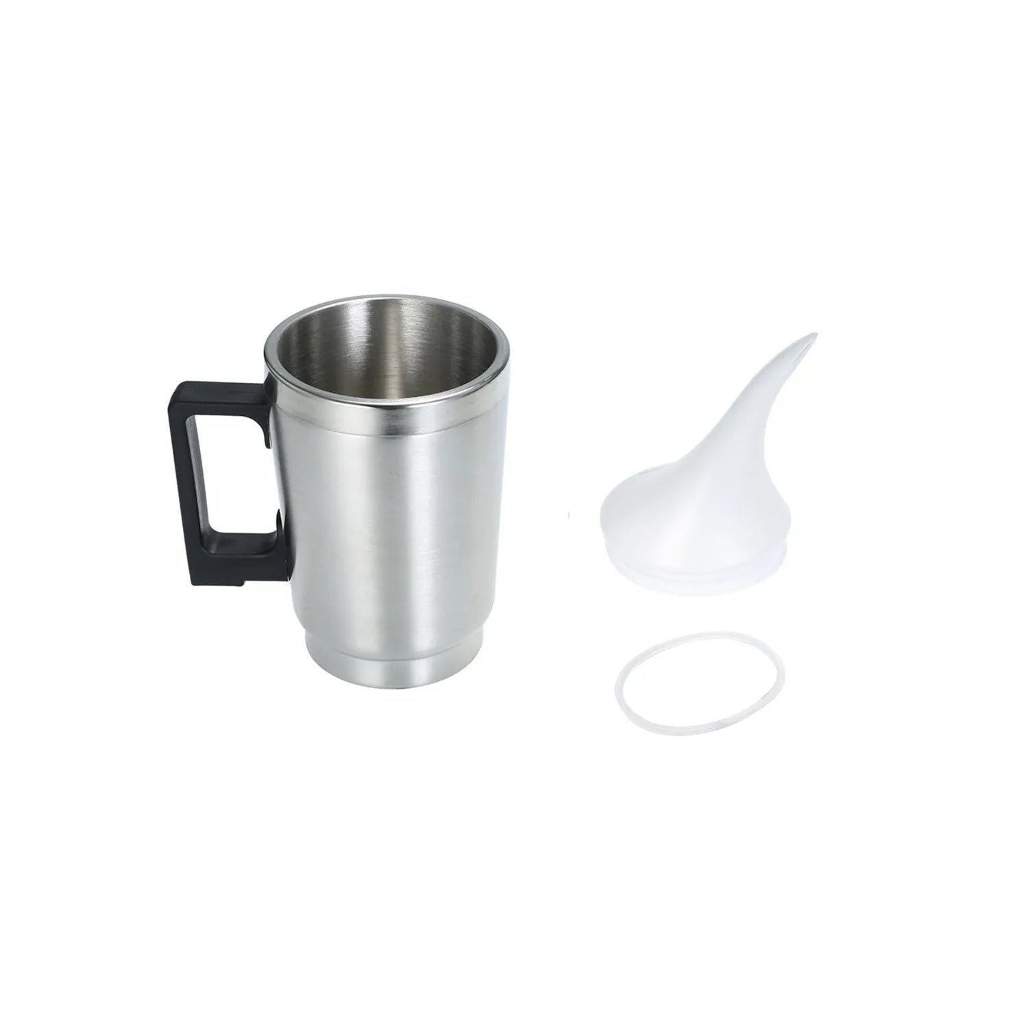 Stainless steel headlamp repair cups with elbow and funnel covers next to GB/US and European power adapters