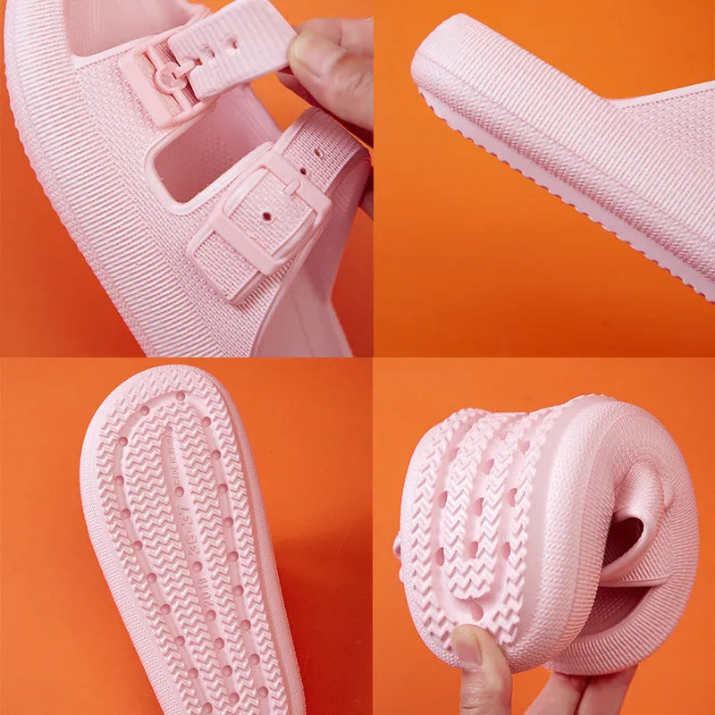 Women's beige platform slippers with buckle fastening and round toe on a flat surface
