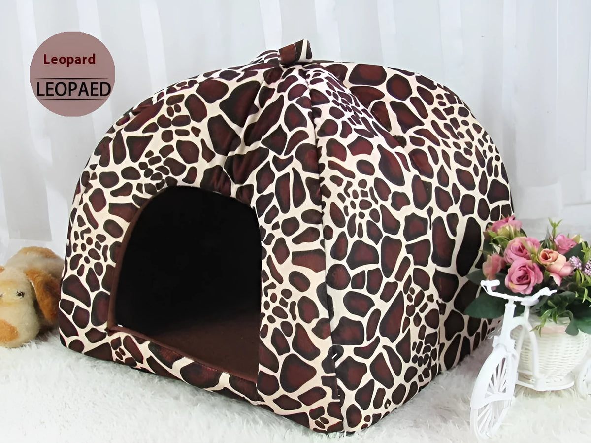Hand-stitched cotton pet house with low foot railing, available in six colours and five sizes.