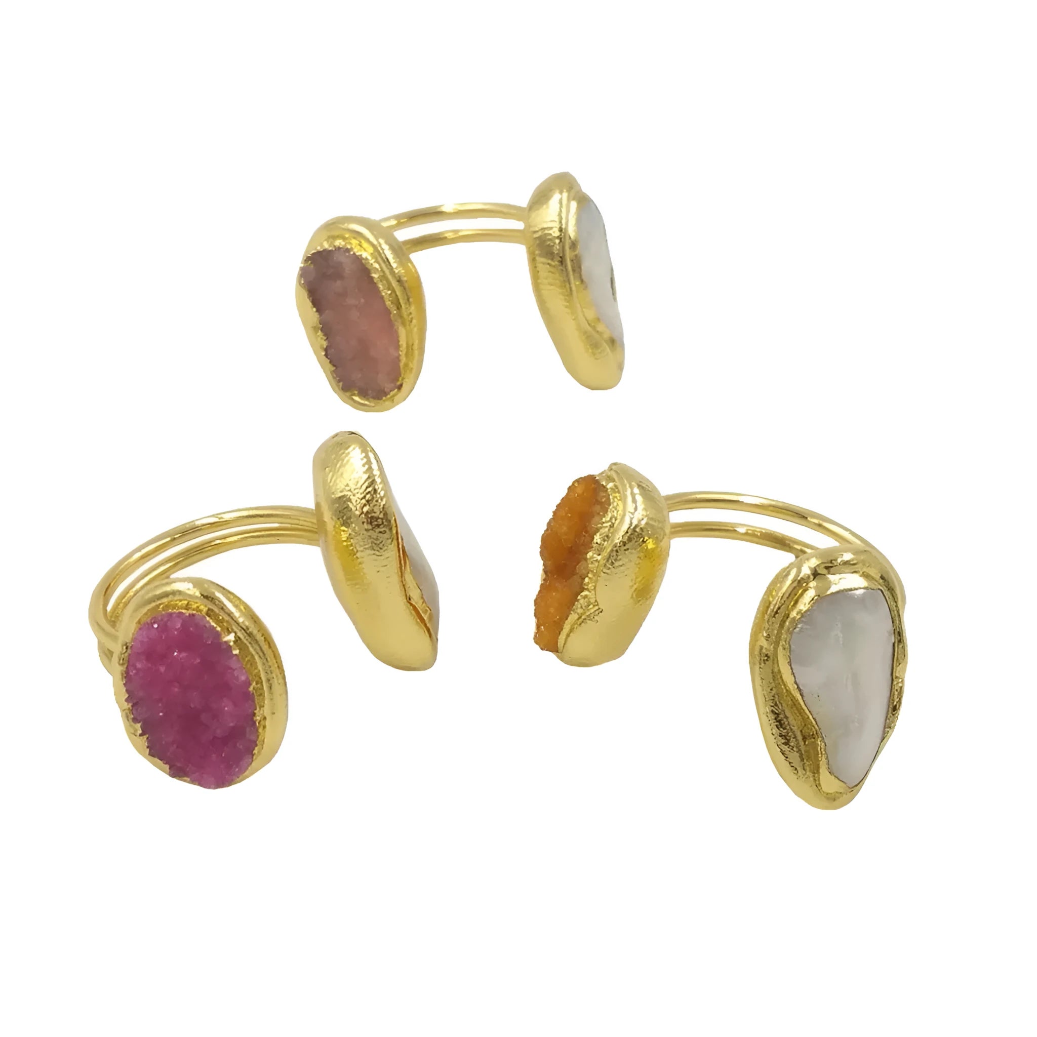 Artistic retro adjustable copper ring for women with geometric double ring style and electroplated finish in yellow colour