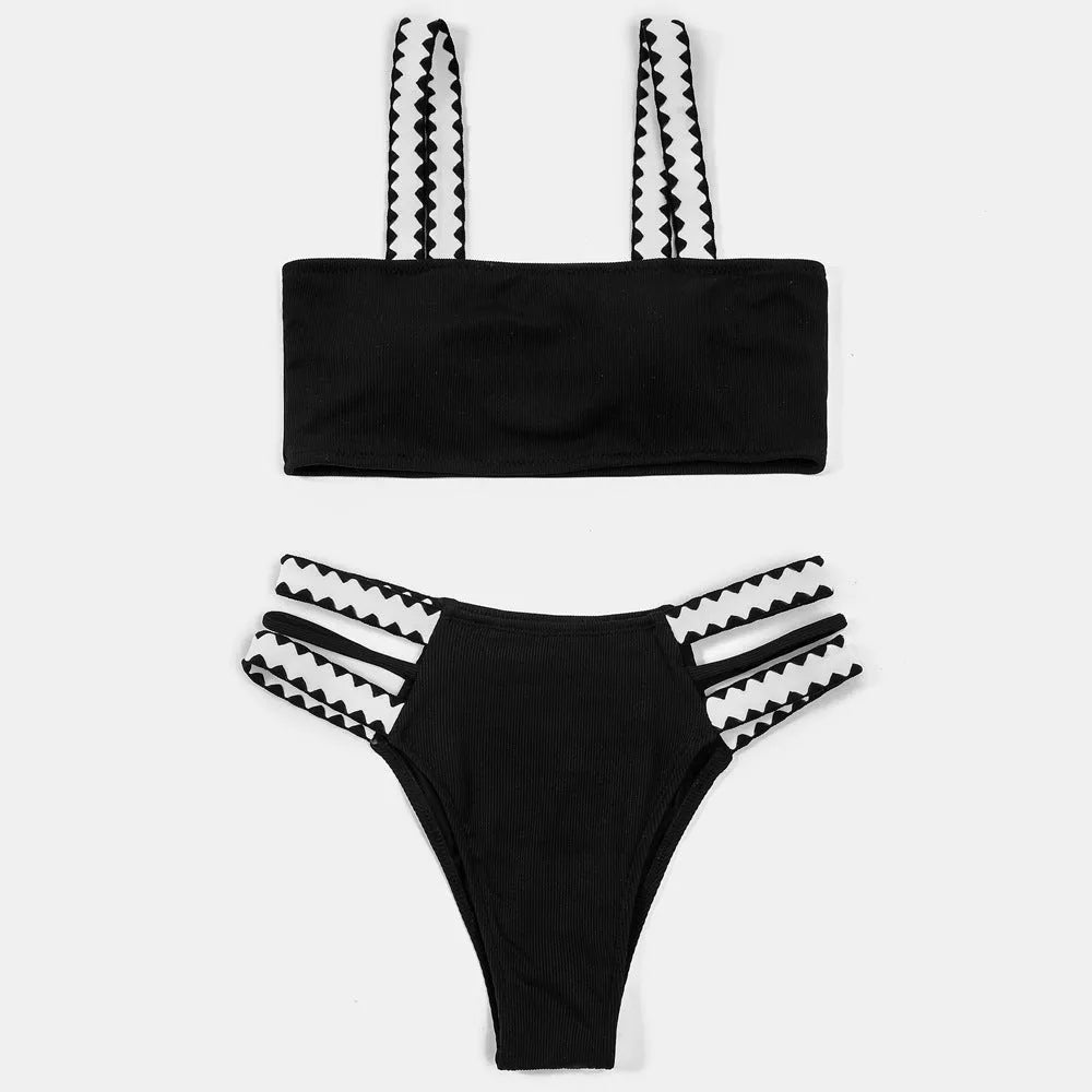 Black women's hollowed-out split briefs swimsuit bikini set