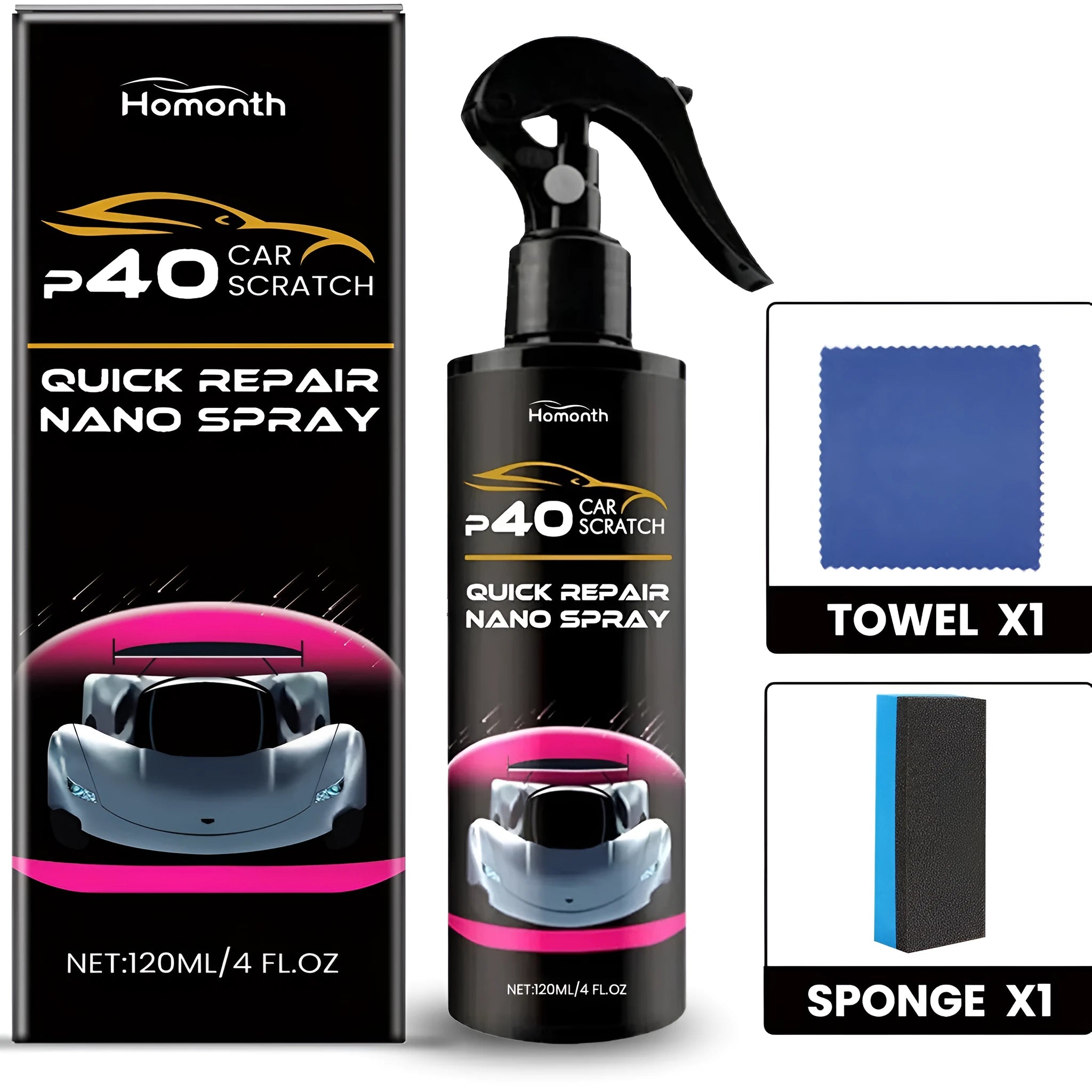 Quick Repair Nano Spray 120ml bottle with sponge and towel for fabric tear repair