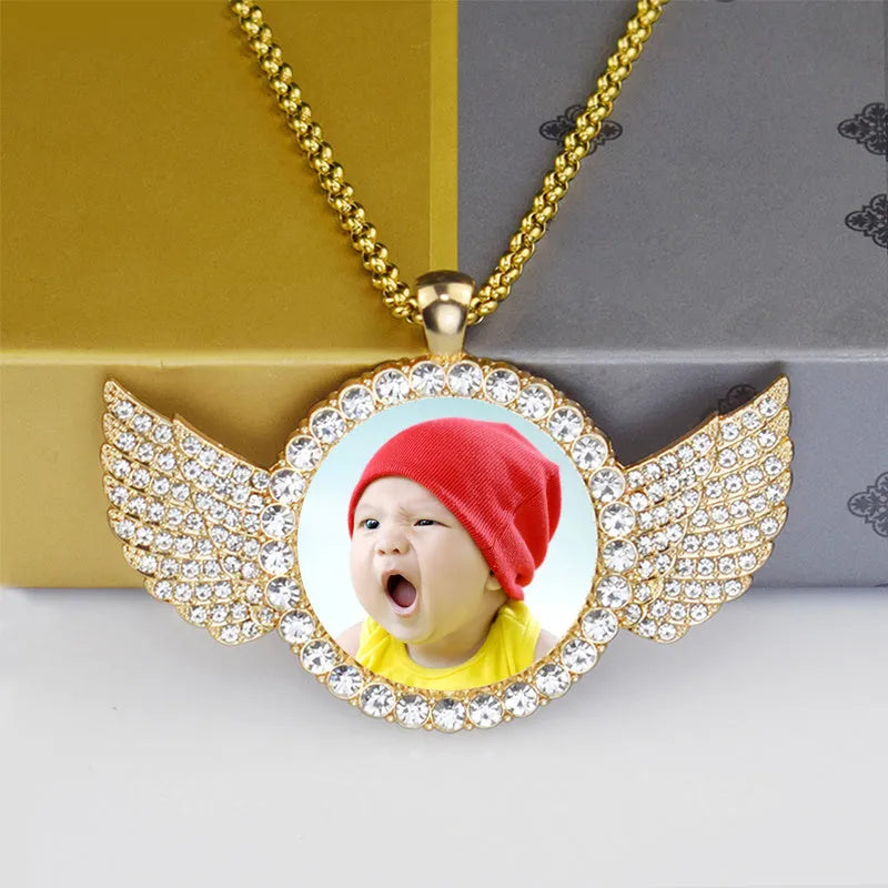 Custom photo angel wings pendant necklace, copper and zircon medallion 68mm x 53mm x 3mm with twist or tennis chain