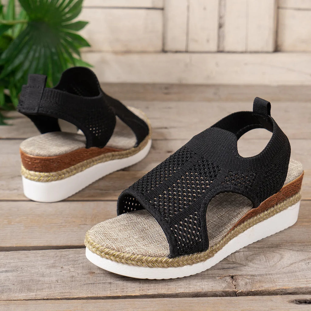 Women's hollow wedges sandals in beige with fly woven mesh upper and peep-toe design