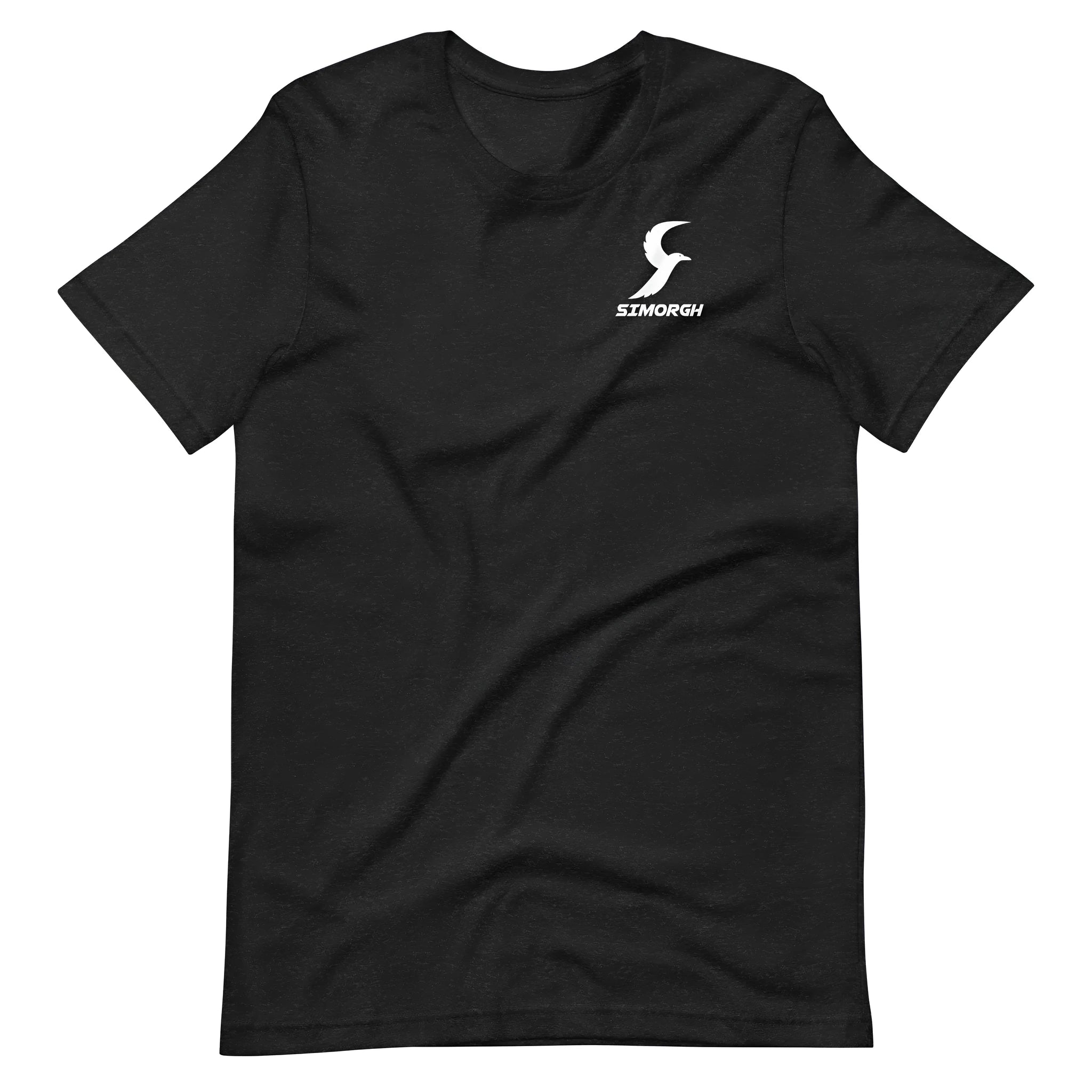 A black loose-fit cotton T-shirt with short sleeves and a round neck on a hanger.