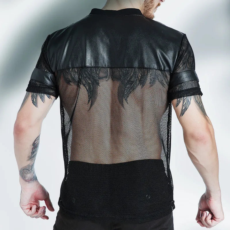 Black men's V-neck polyester sports t-shirt with mesh stitching detail on a hanger.