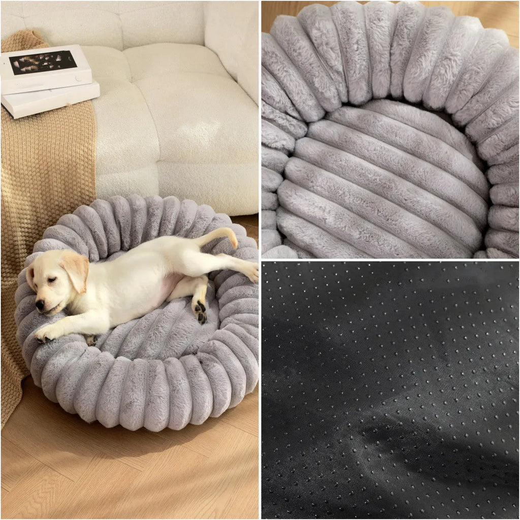 Round straight rabbit plush pet bed mat in beige colour, shown in a large size.