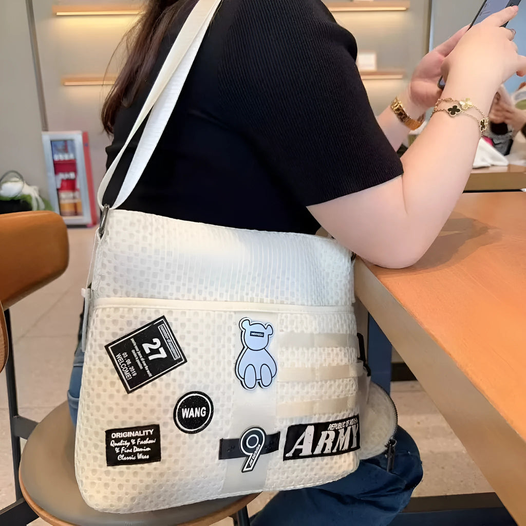 Mesh crossbody bag large capacity white net horizontal square shape with slit pocket and single shoulder strap