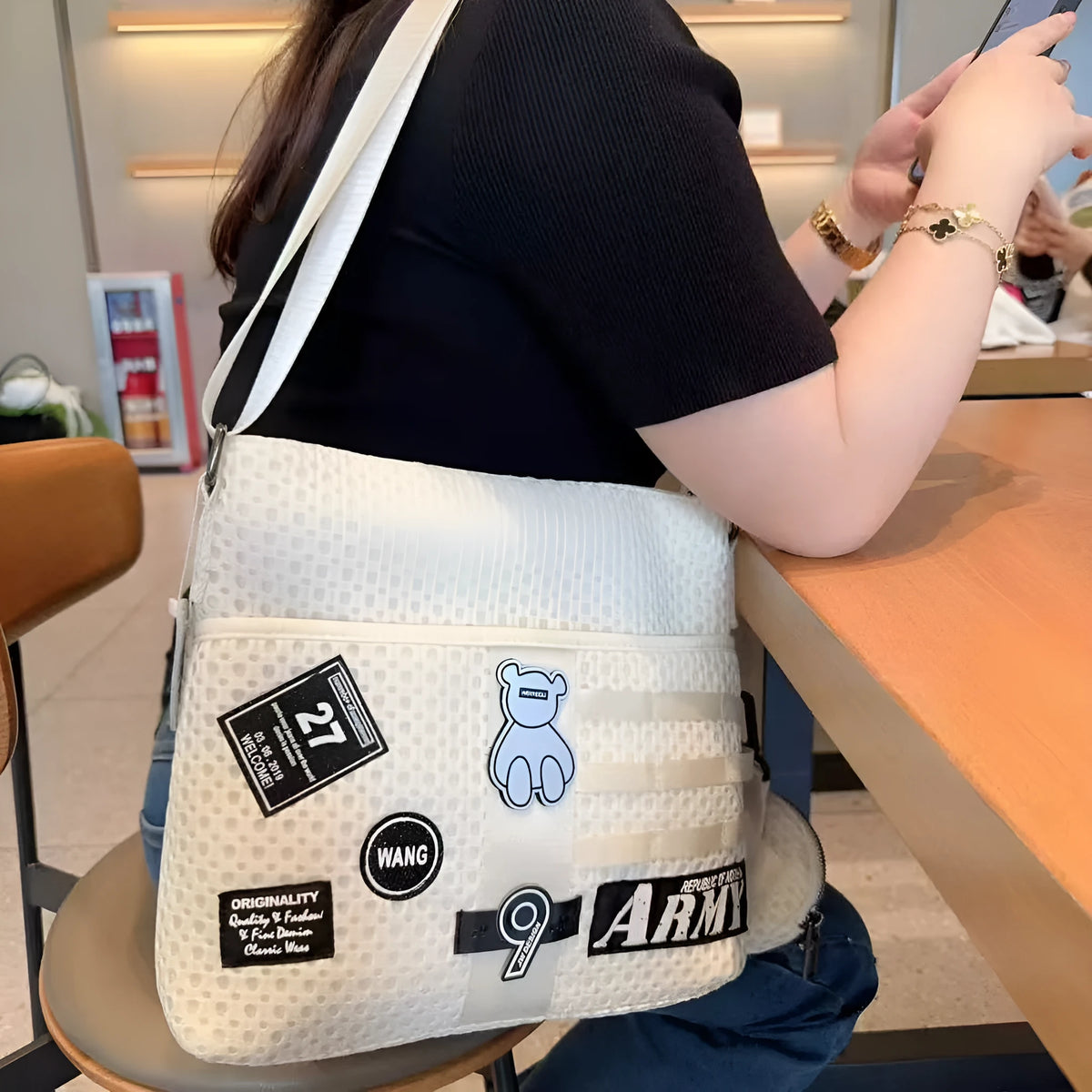 Mesh crossbody bag large capacity white net horizontal square shape with slit pocket and single shoulder strap