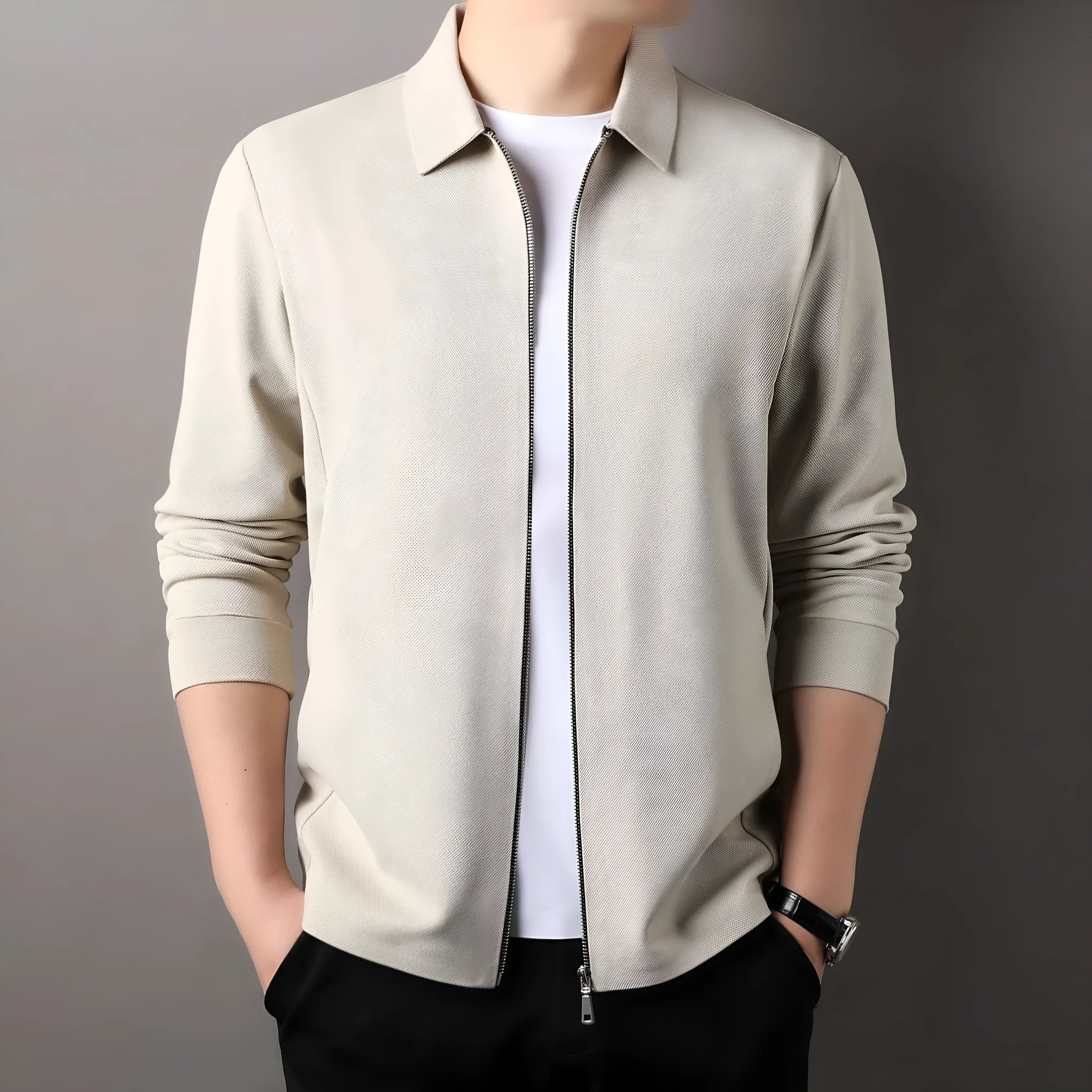 Men's apricot polyester casual business jacket with straight hem and long sleeves