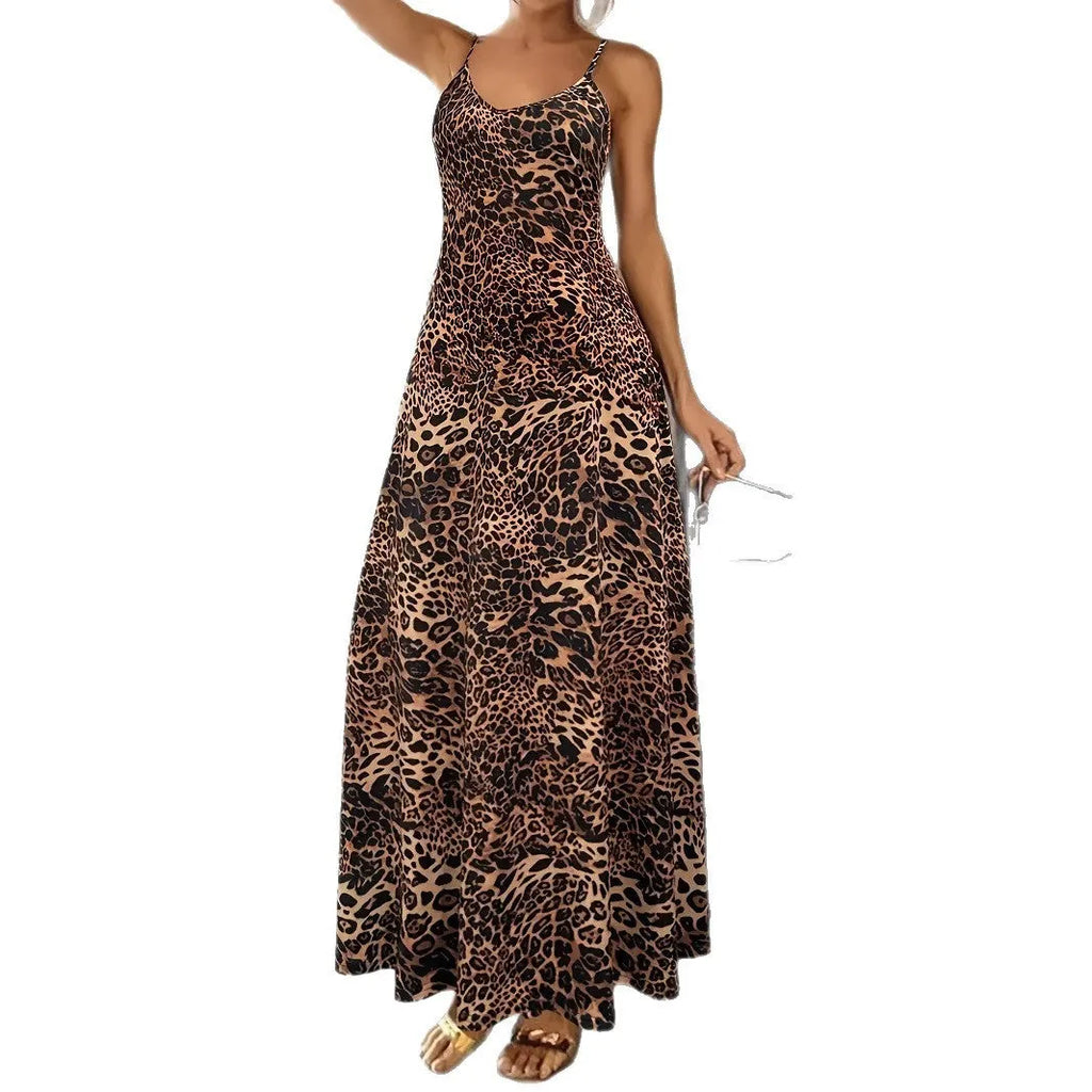 Dark brown leopard print sleeveless dress with round neck and loose-fitting long skirt.
