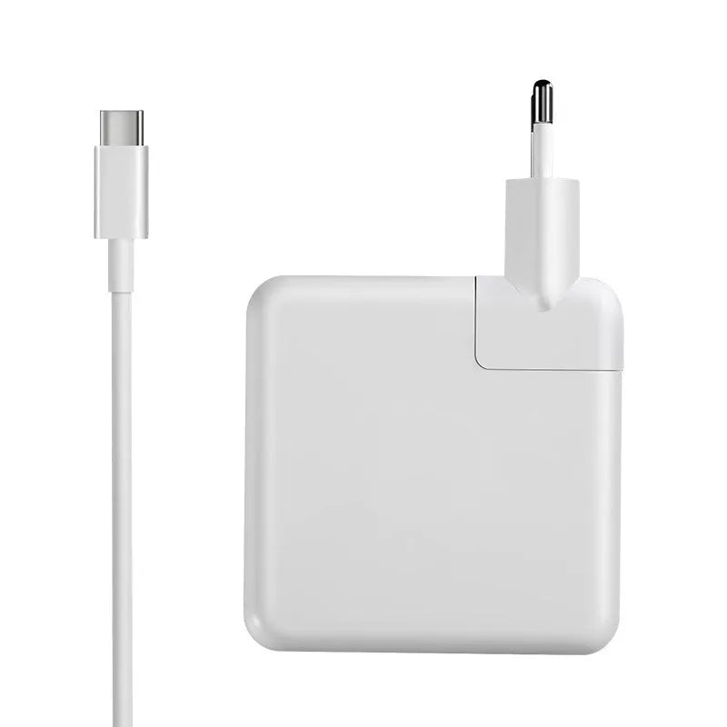 Laptop power adapter charger unit with USB-C cable showing compact 7x7x3cm dimensions