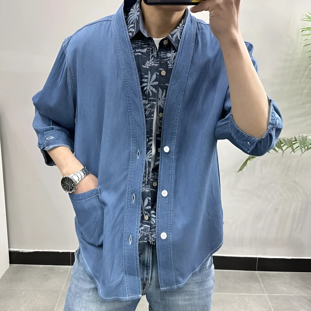 Men's dark blue casual coat with three-quarter sleeves and V-neck collar