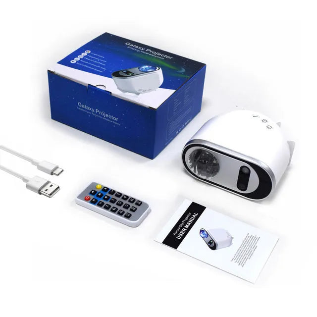 White ABS galaxy star projector lamp with remote control projecting Northern Lights aurora and stars on a dark wall