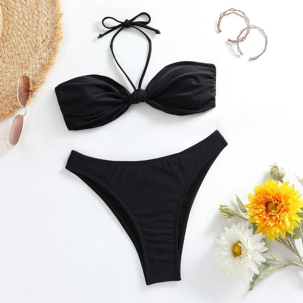 Black women's bikini set with lace-up tube top and briefs on a white background.