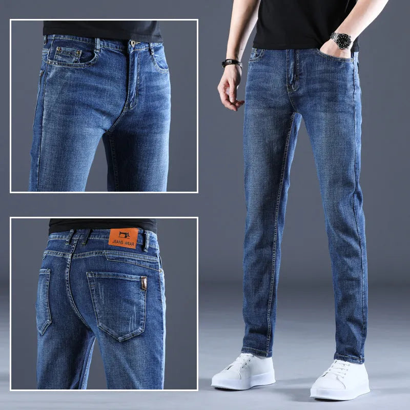 Men's summer thin straight slim stretch casual cotton trousers in blue, mid waist with zipper fly