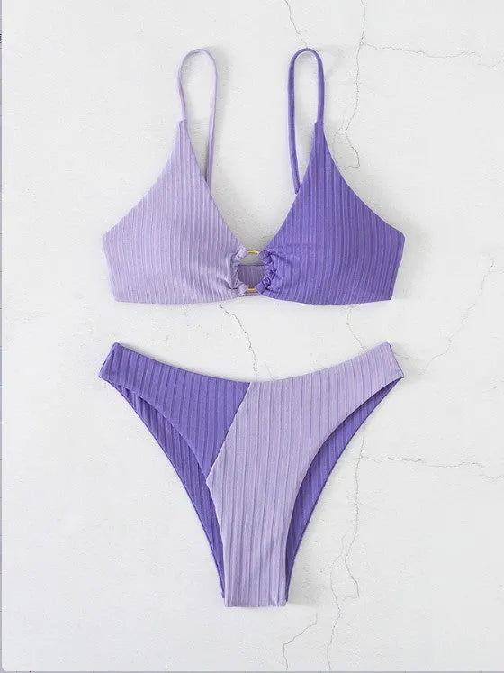 Solid colour stitching bikini set in polyester, six colours available, women's swimwear for swimming and wading