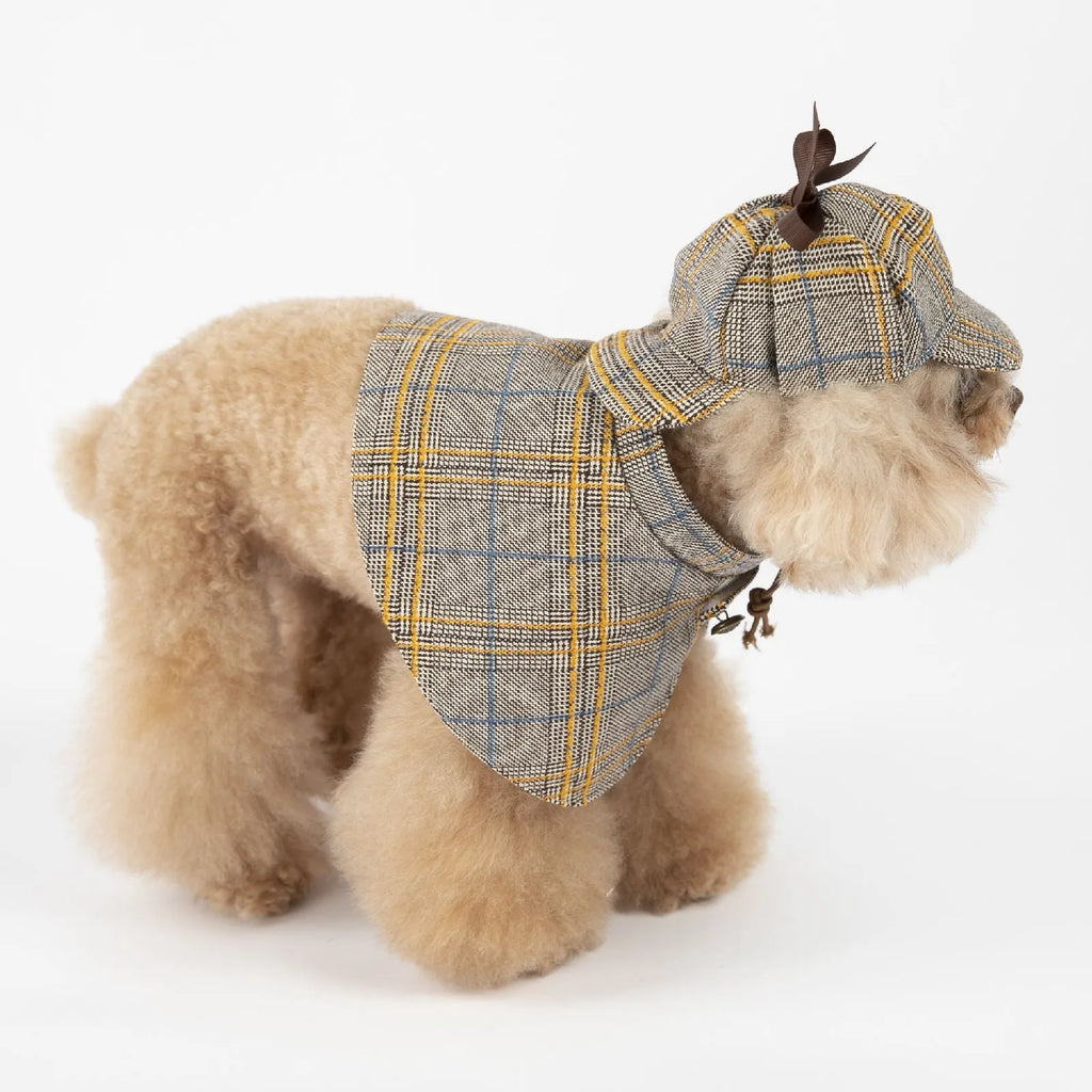 Camel-coloured detective suit style cotton cloak for a small dog with an adjustable hat.