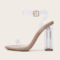 Apricot women's high heel sandals with a transparent glass heel and buckle fastening