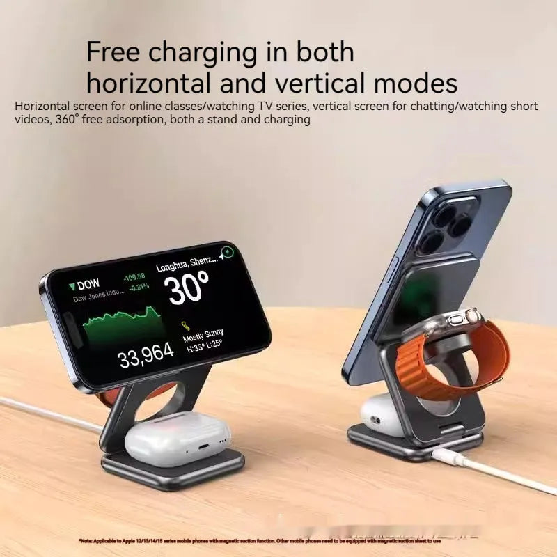 White foldable magnetic wireless charger and phone holder on a desk