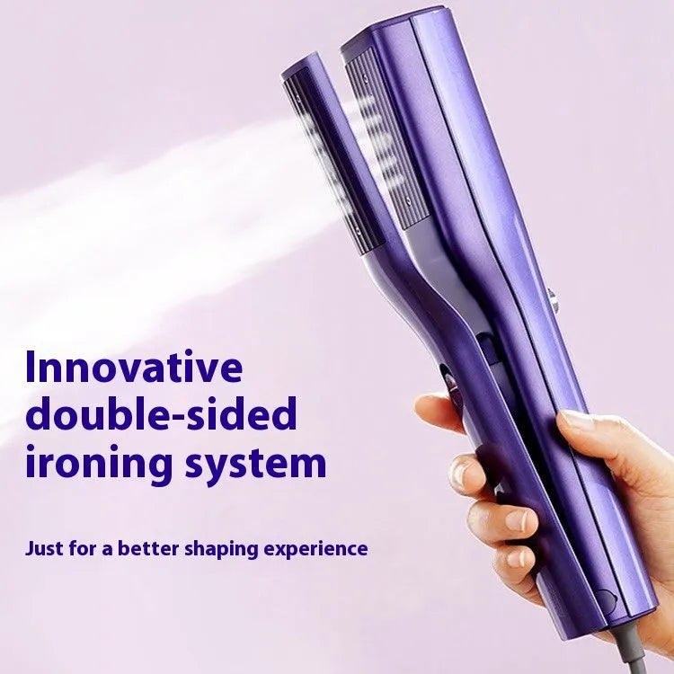 Handheld garment steamer with plastic body showing hanging and flat ironing modes