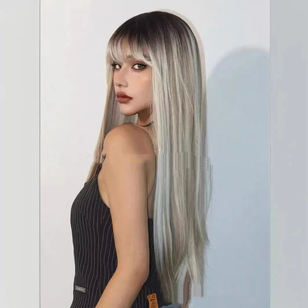 Long straight wig with dyed bangs, high-temperature fibre, natural style, colour LC1073-1