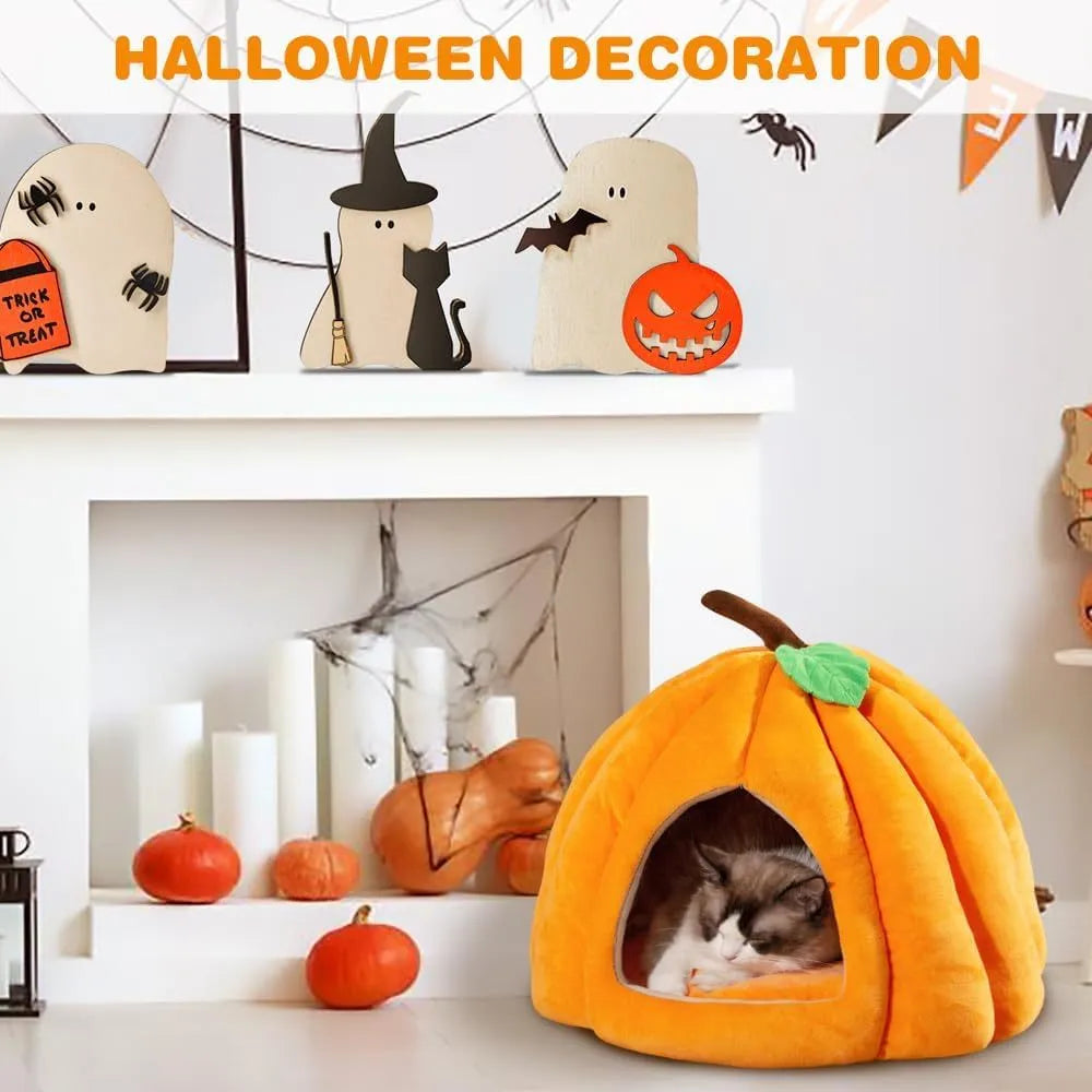 Pumpkin-shaped cat bed in blue with semi-enclosed design and removable cushion