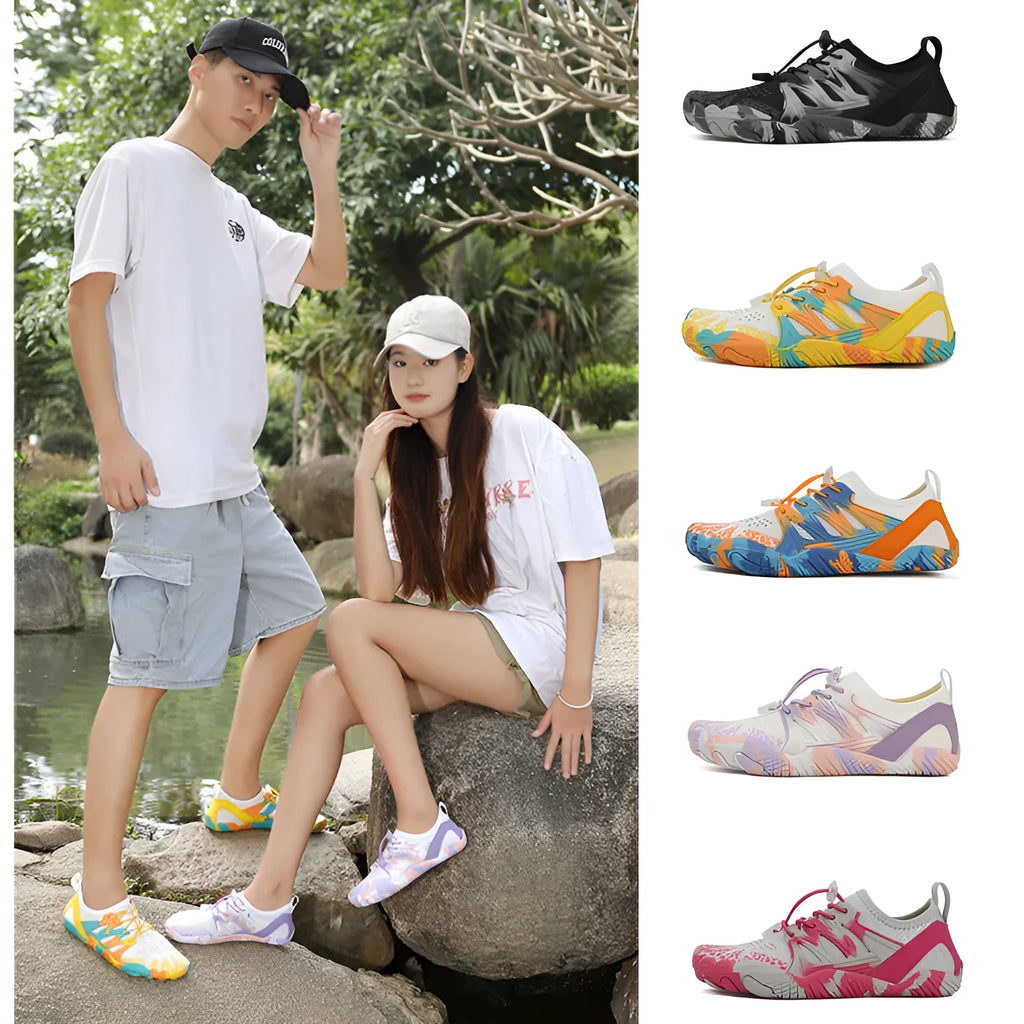 Unisex quick-drying mesh wading shoes with lace-up front and non-slip rubber sole.