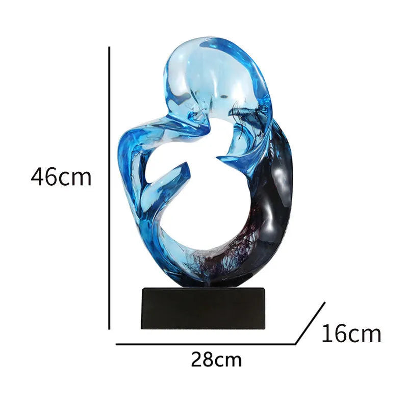 Transparent resin sculpture ornament in blue colour on display surface