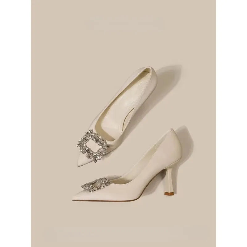 Women's French pointed stiletto high heels in creamy-white or black with rubber soles