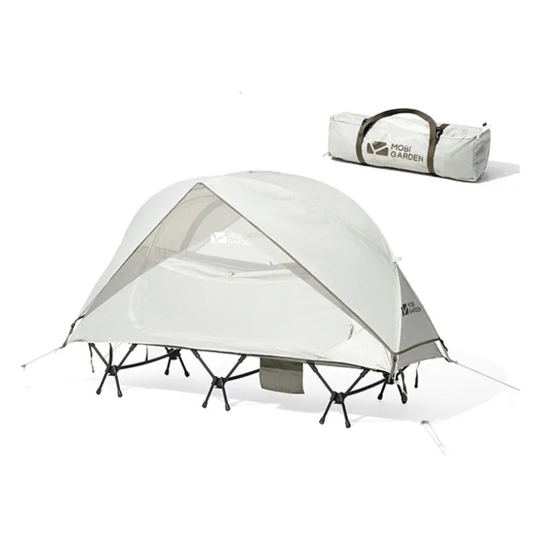 White ultra-light folding single camping tent, 195 x 65 x 88 cm unfolded, aluminium alloy poles, polyester rainproof shell