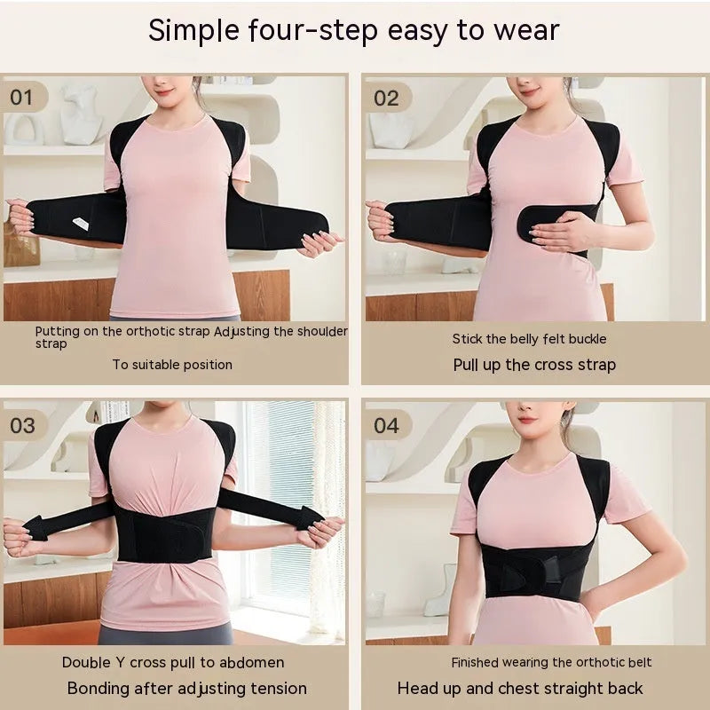 Unisex nylon posture corrector in black, sizes S to XXXL, for chest lift and back support.