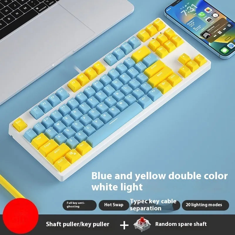 87-key wired mechanical gaming keyboard with hot-swappable switches in dual-colour keycap configuration