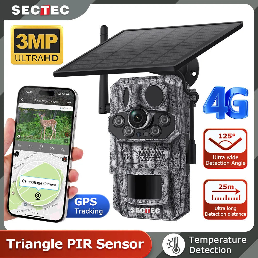 Solar hunting camera with 4G GPS positioning, IP65 waterproof, 3MP/2K resolution and infrared night vision