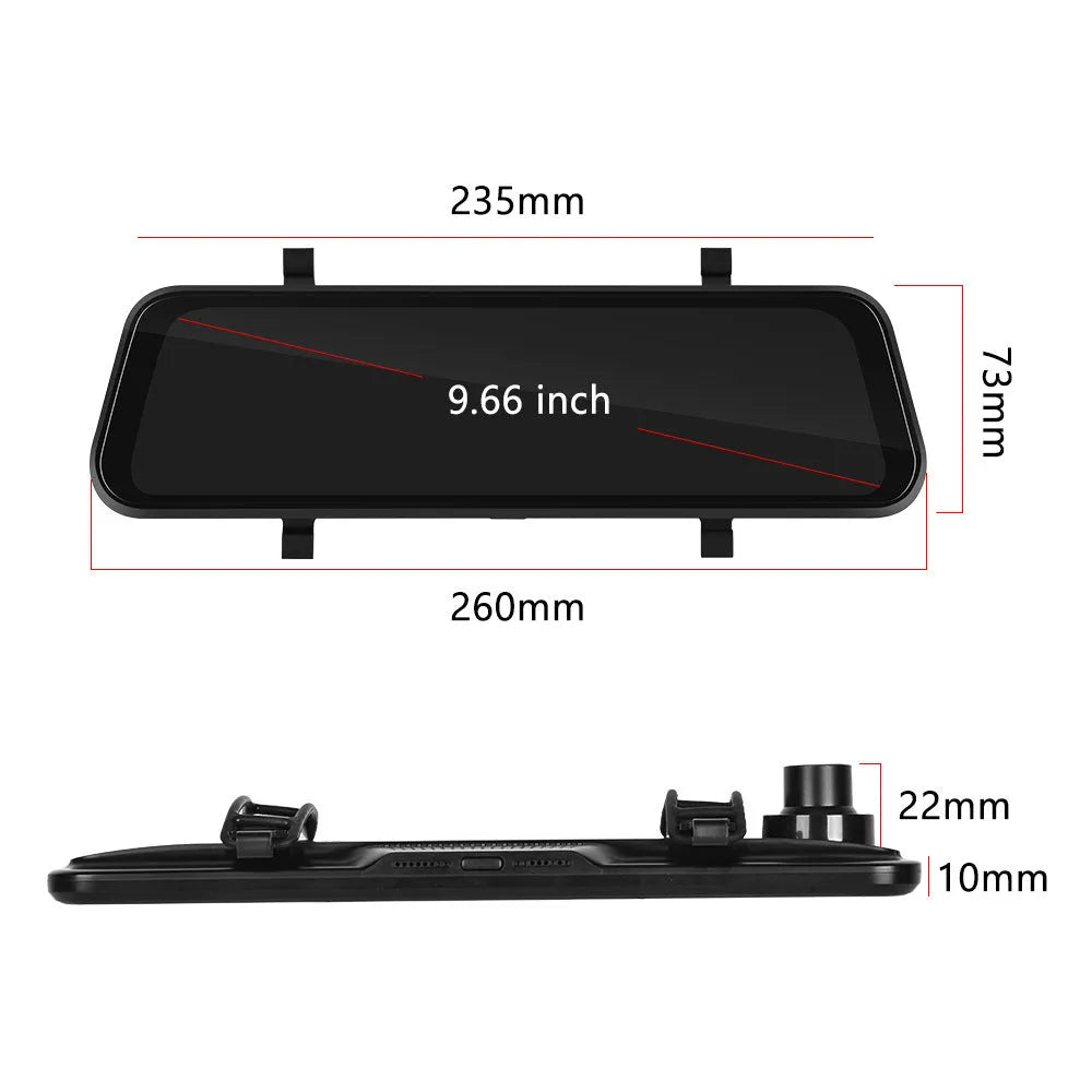 9.66-inch car mirror dash cam with touch screen displayed on a car windscreen.