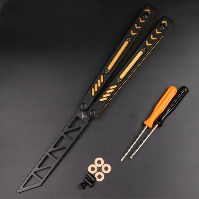 Unbladed ether butterfly knife trainer with aluminium alloy handles and G10 fibre patches in six colour options