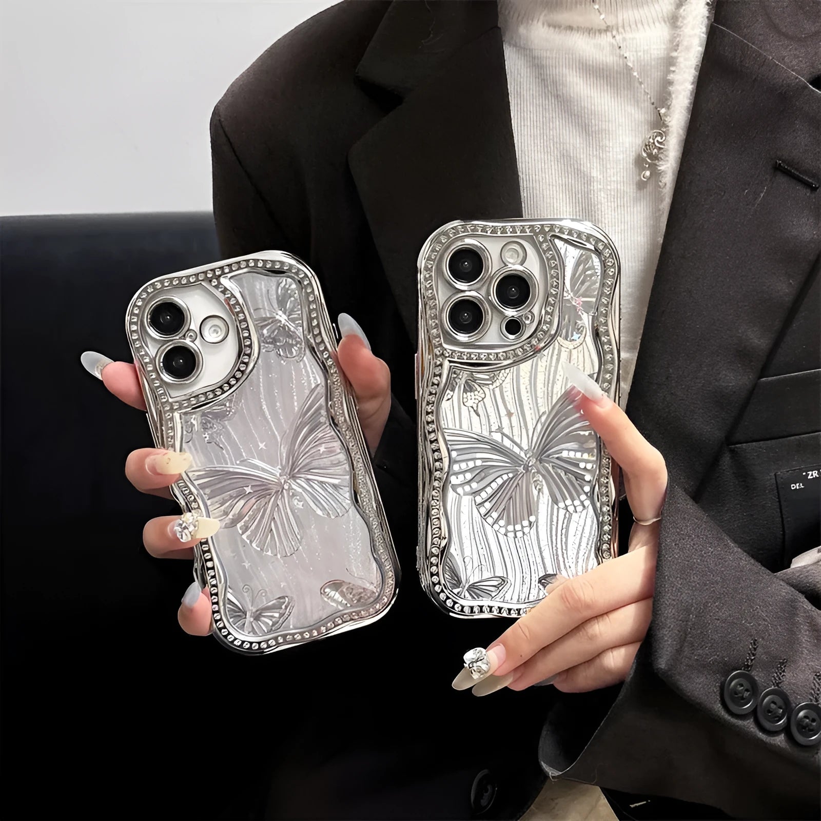 Cream TPU phone case with laser butterfly pattern and diamond edge for Apple iPhone