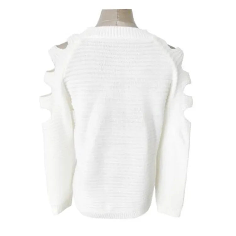 White women's hollow-out knitted long sleeve shirt with round neck on a hanger.