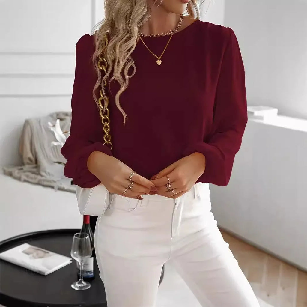 Solid colour women's round neck long sleeve top in wine red with button detail