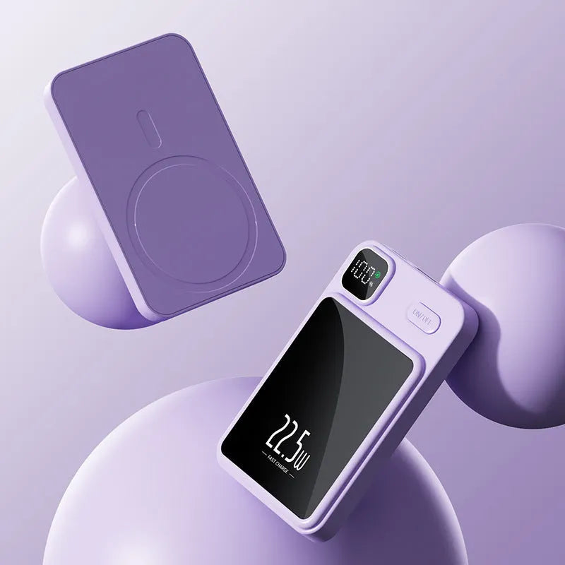 Lightweight PVC magnetic wireless 22W fast charge power bank 10000mAh with power percentage display in white