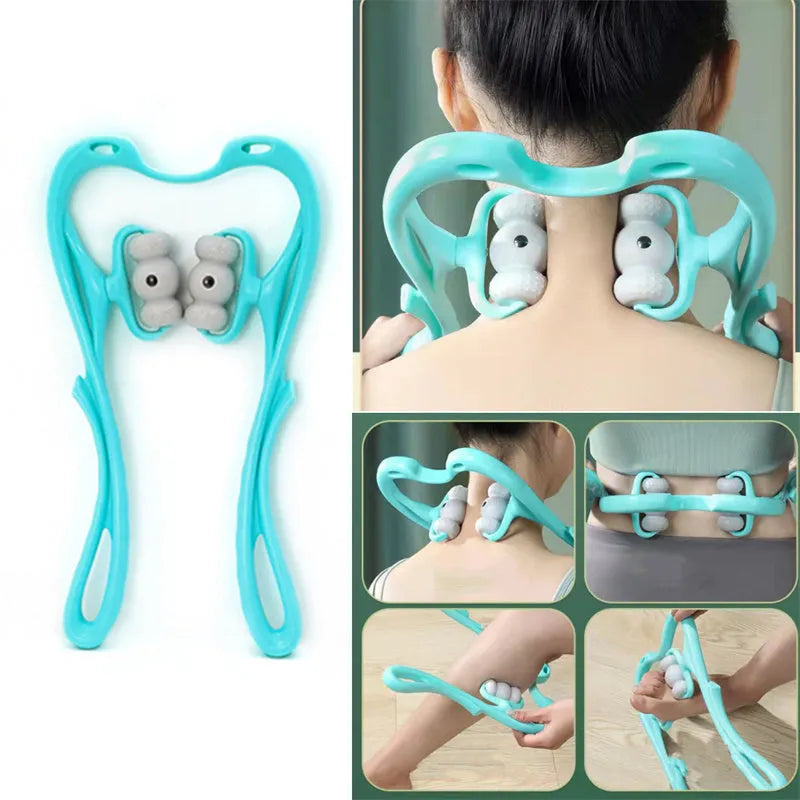 Blue handheld deep tissue neck massager with 360-degree roller and acupressure nodes on a white background.
