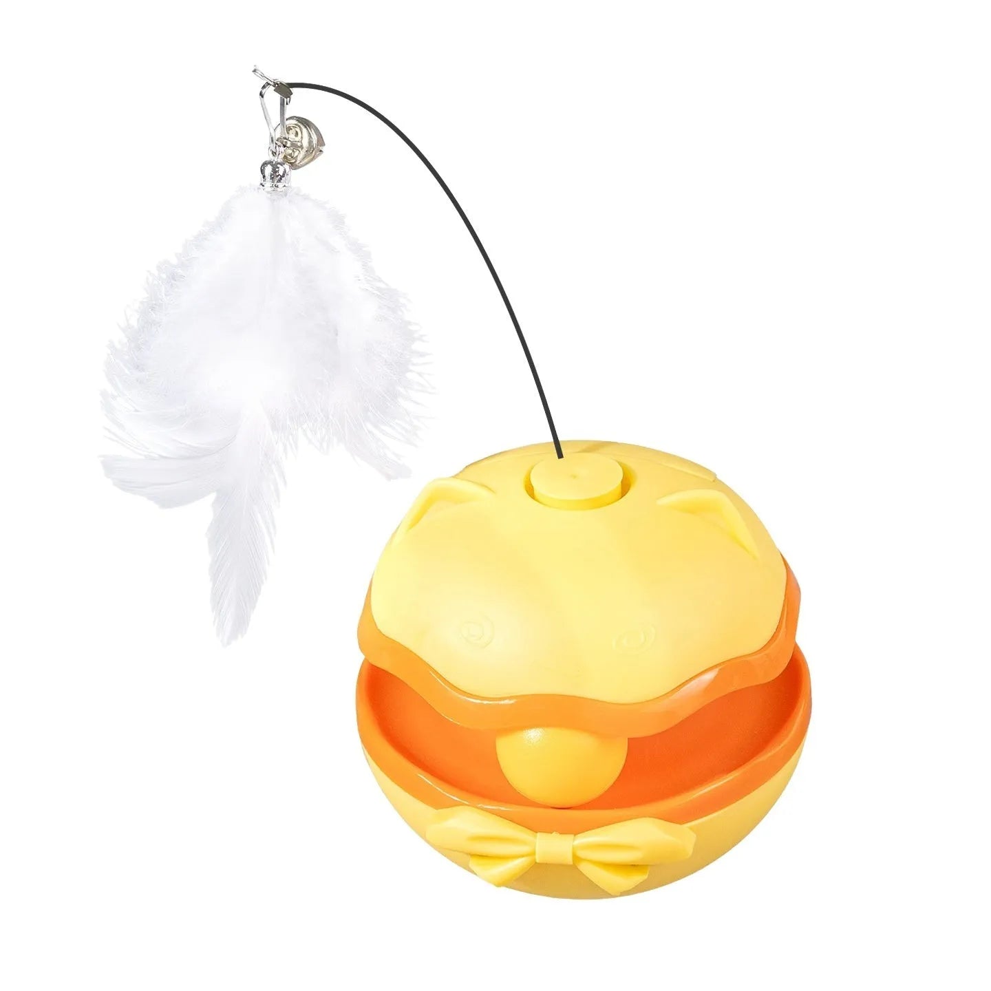 Electric self-righting cat tumbler toy in lemon yellow, sky blue, and soft fog grey colours.
